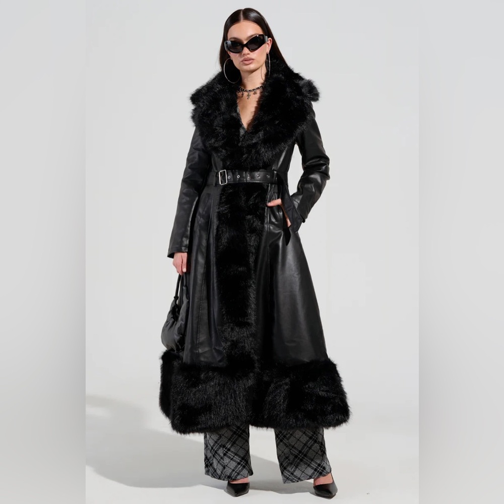 LONG PU TRENCH WITH FAUX FUR TRIM